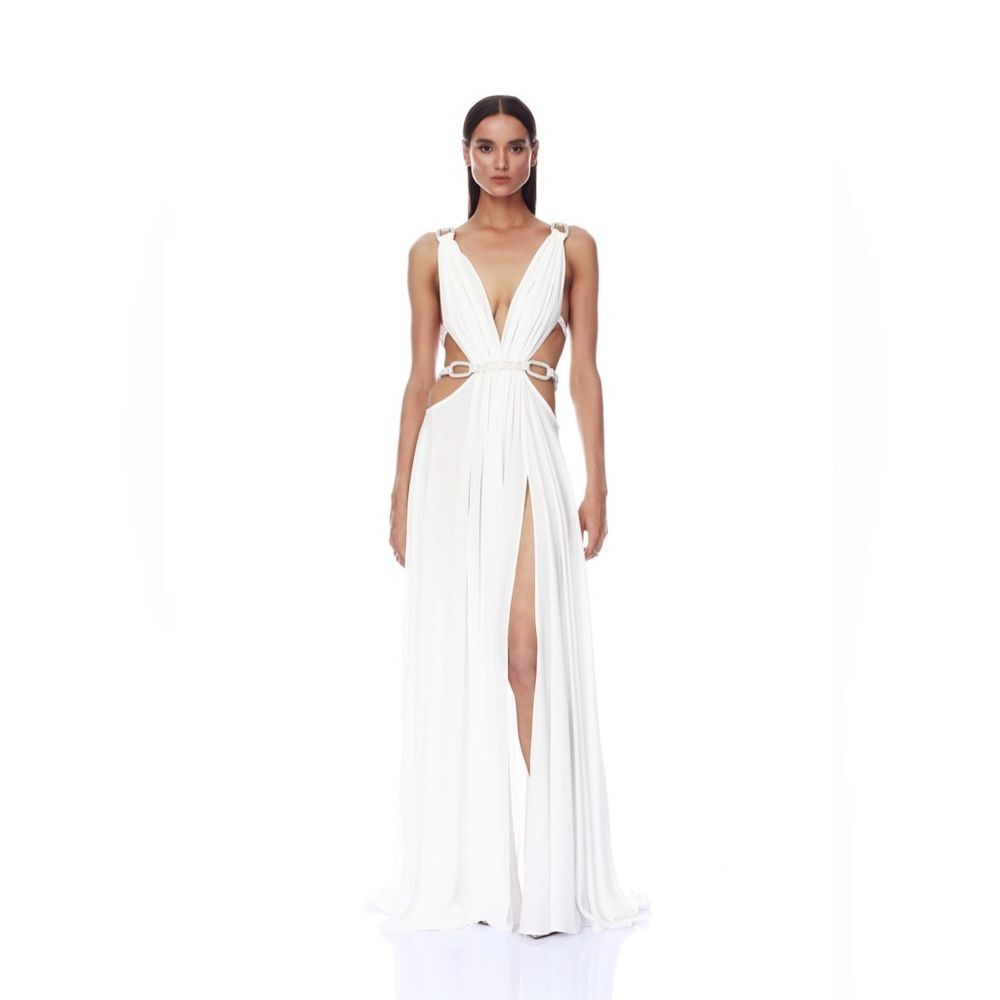 NEW BRONX AND BANCO Elegant White Cutout Plunge Brielle Diamond Gown - Picture 2 of 15
